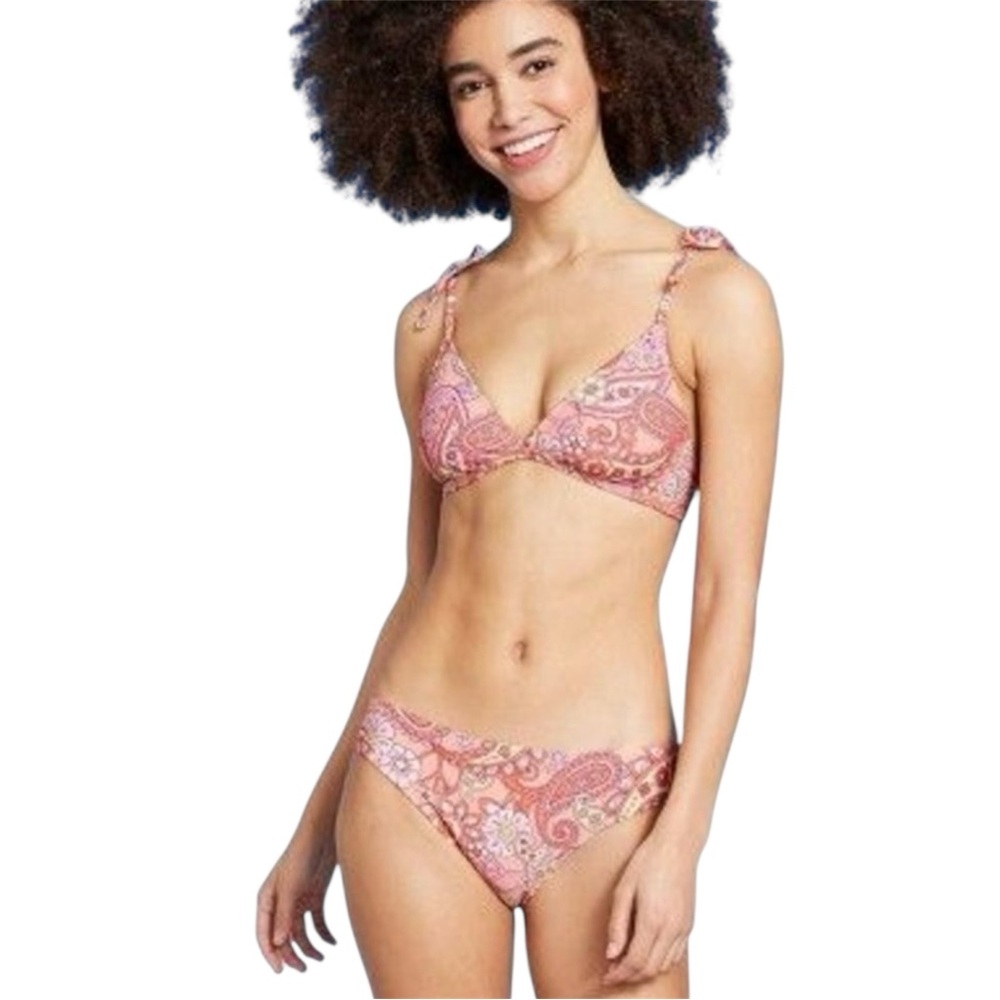 Wild Fable Bralette Bikini Top L & Cheeky Bikini Bottom XL Peach Paisley Print
